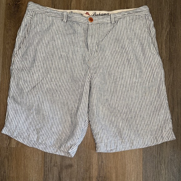 Tommy Bahama Shorts Men's 36 White Blue Stripe Chino 100% Linen Vacation Coastal - Picture 1 of 9